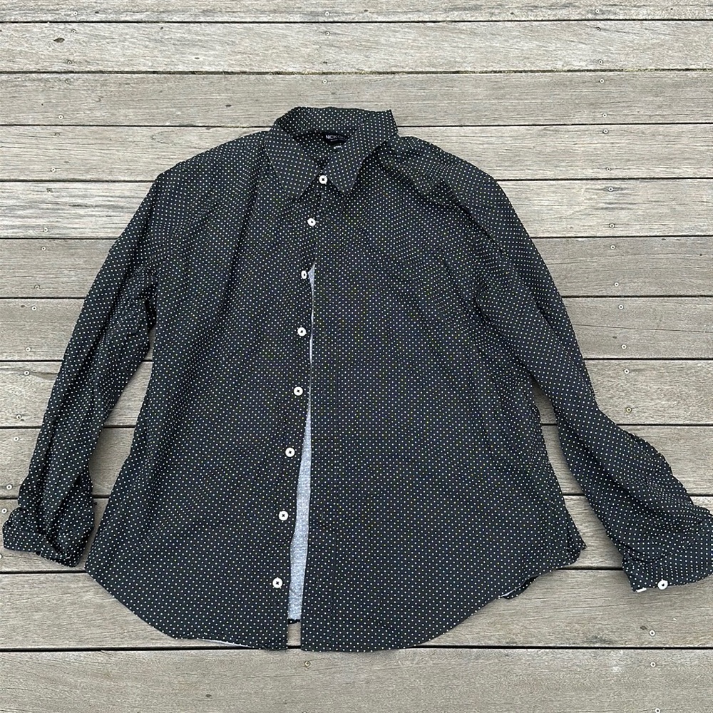 Black button down with white polka dot pattern